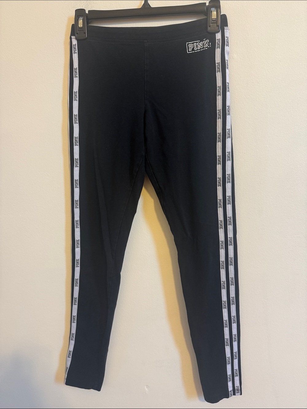 PINK Victoria's Secret Black Leggings with White Logo Side Stripes